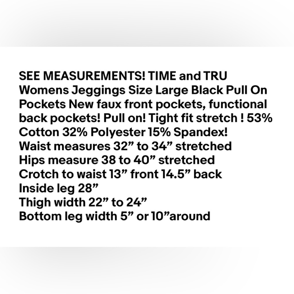 TIME and TRU Womens Jeggings Size Large Black Pull On Pockets New - Picture 9 of 9